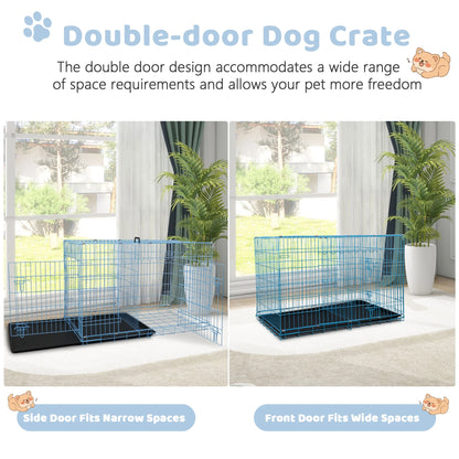 48 Inch Dog Crate, Dog Crates and Kennels Foldable Large Dog Crate for Large Dogs with Handle Double-Door Outdoor Metal Wire Dog Cage with Plastic Tray for Medium Dogs, Blue