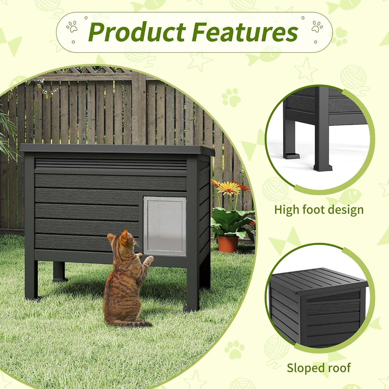 Outdoor Cat House Weatherproof, Resin PP Material with Wood Grain Design, Cat Houses for Outdoor Cats with Gas Strut Lid & Safety Latch, Raised Floor Cat Shelters for outside Indoor (Black)
