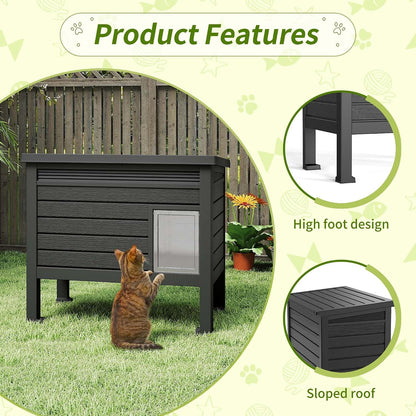 Outdoor Cat House Weatherproof, Resin PP Material with Wood Grain Design, Cat Houses for Outdoor Cats with Gas Strut Lid & Safety Latch, Raised Floor Cat Shelters for outside Indoor (Black)