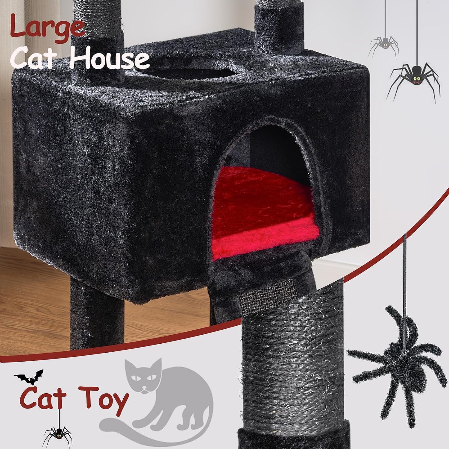 Cat Tree Tower for Indoor Cats, Gothic Cat Trees with Coffin Bed | Goth Cat Tree/Condo/House with Scratching Posts, Cat Shelves with Spider Toy, Pet Play Activity Center Black with Red MMJ95R