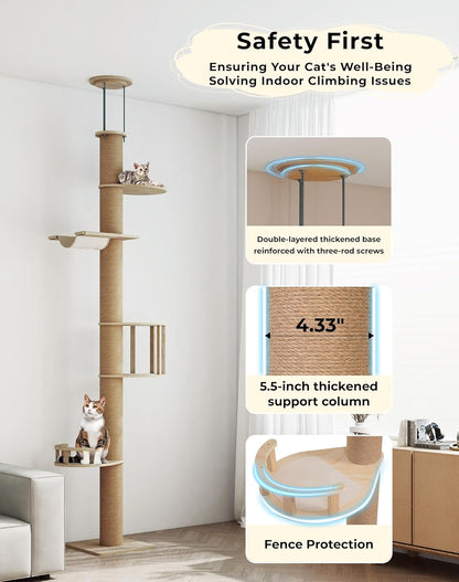 Floor-To-Ceiling Cat Tree, Tension Mount Tower W/Sisal Posts | Sturdy Space-Saving Vertical Cat Tower, Multi-Level Perches for Large Cats, Fits Small Apartments & Multi-Cat Homes