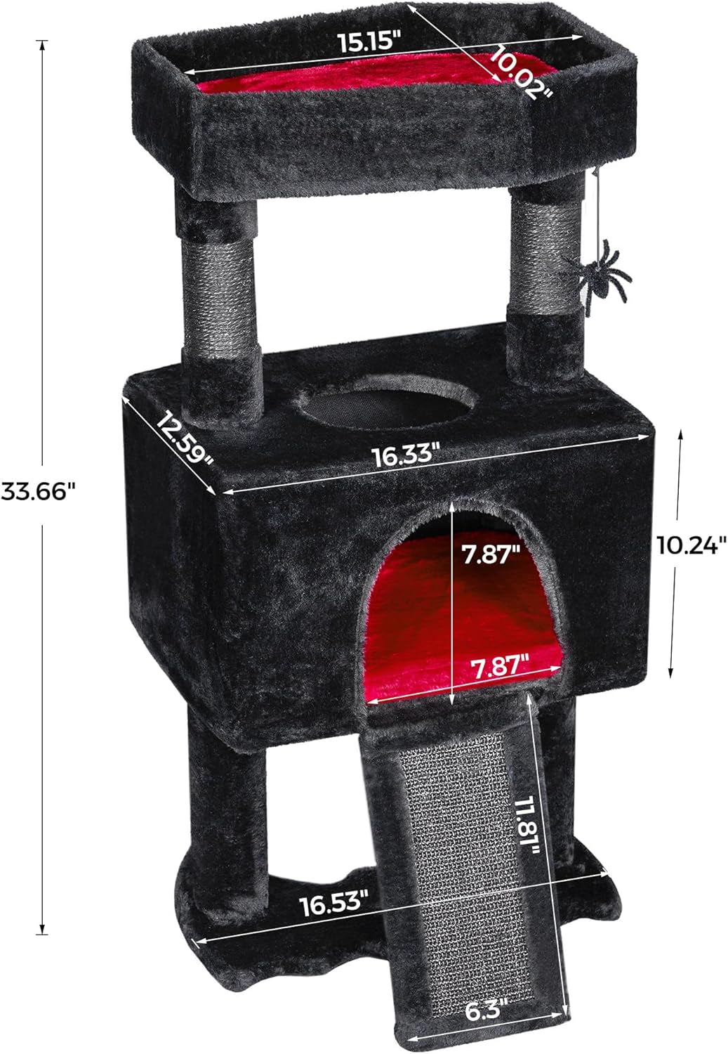 Cat Tree Tower for Indoor Cats, Gothic Cat Trees with Coffin Bed | Goth Cat Tree/Condo/House with Scratching Posts, Cat Shelves with Spider Toy, Pet Play Activity Center Black with Red MMJ95R