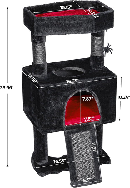 Cat Tree Tower for Indoor Cats, Gothic Cat Trees with Coffin Bed | Goth Cat Tree/Condo/House with Scratching Posts, Cat Shelves with Spider Toy, Pet Play Activity Center Black with Red MMJ95R