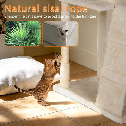 | 81" Cat Tree Tower | Cream | Sturdy, Easy to Assemble, Multi-Level Activity Center with Sisal Scratching Posts, Condos, Perches, Hanging Cat Toys, Observation Decks & Ladder