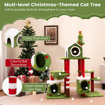 58 Inch Cat Christmas Tree, Multi-Level Cat Tower with 3 Cat Condos, Cat Self Groomer, Side Basket, Faux Christmas Tree, and Anti-Tipping Kit, Christmas-Themed Cat Tree for Indoor Cats