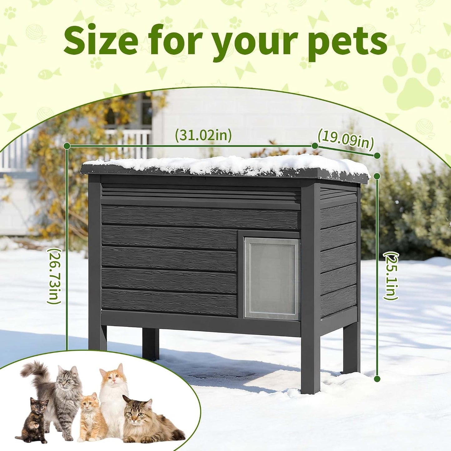 Outdoor Cat House Weatherproof, Resin PP Material with Wood Grain Design, Cat Houses for Outdoor Cats with Gas Strut Lid & Safety Latch, Raised Floor Cat Shelters for outside Indoor (Black)