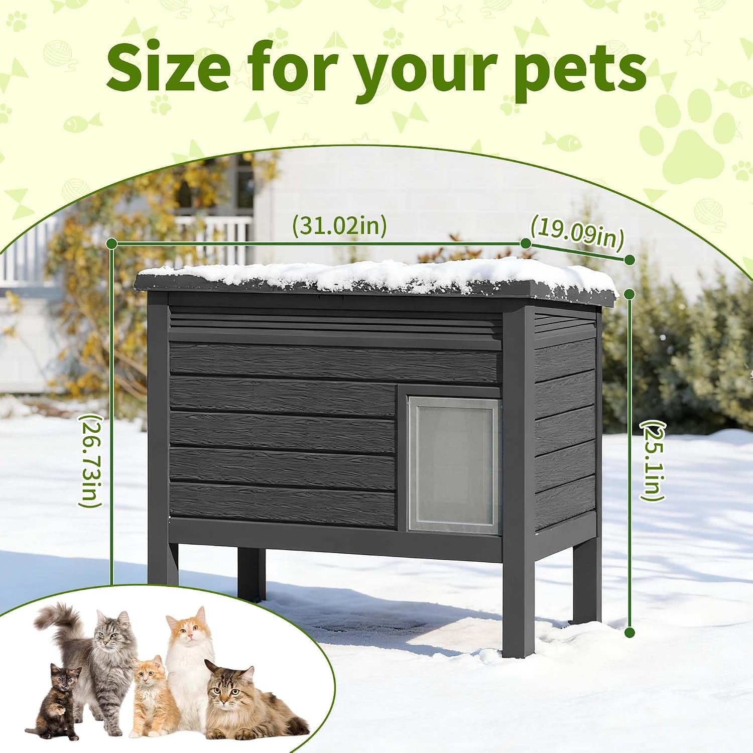 Outdoor Cat House Weatherproof, Resin PP Material with Wood Grain Design, Cat Houses for Outdoor Cats with Gas Strut Lid & Safety Latch, Raised Floor Cat Shelters for outside Indoor (Black)
