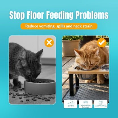 3 Bowl Elevated Cat Feeding Station-Raised Cat Food Bowls & Cat Bowls Elevated-15° Tilted Cat Food Bowls with anti Slip Mat & Cat Slow Feeder Included–Anti-Vomiting Raised Slow Feeder Cat Bowl
