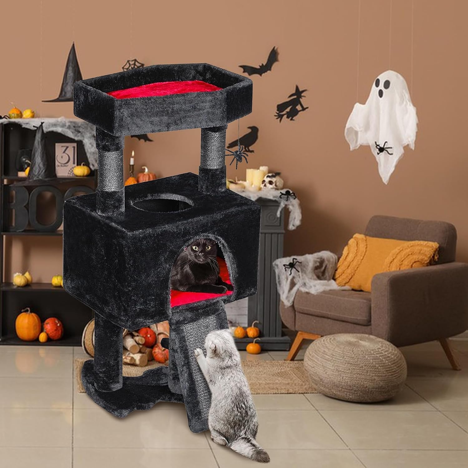 Cat Tree Tower for Indoor Cats, Gothic Cat Trees with Coffin Bed | Goth Cat Tree/Condo/House with Scratching Posts, Cat Shelves with Spider Toy, Pet Play Activity Center Black with Red MMJ95R