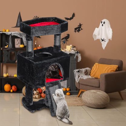 Cat Tree Tower for Indoor Cats, Gothic Cat Trees with Coffin Bed | Goth Cat Tree/Condo/House with Scratching Posts, Cat Shelves with Spider Toy, Pet Play Activity Center Black with Red MMJ95R