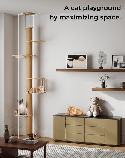 Floor-To-Ceiling Cat Tree, Tension Mount Tower W/Sisal Posts | Sturdy Space-Saving Vertical Cat Tower, Multi-Level Perches for Large Cats, Fits Small Apartments & Multi-Cat Homes