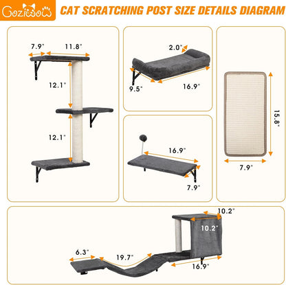 5-Piece Cat Tree Set with Wall Mounted Cat Shelves, Cat Scratching Post & Cat Wall Furniture, Multi-Functional Indoor Cat Jungle Gym, Essential for Cat Room, Suitable for Large Cats(Grey)
