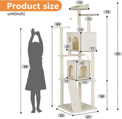 | 81" Cat Tree Tower | Cream | Sturdy, Easy to Assemble, Multi-Level Activity Center with Sisal Scratching Posts, Condos, Perches, Hanging Cat Toys, Observation Decks & Ladder