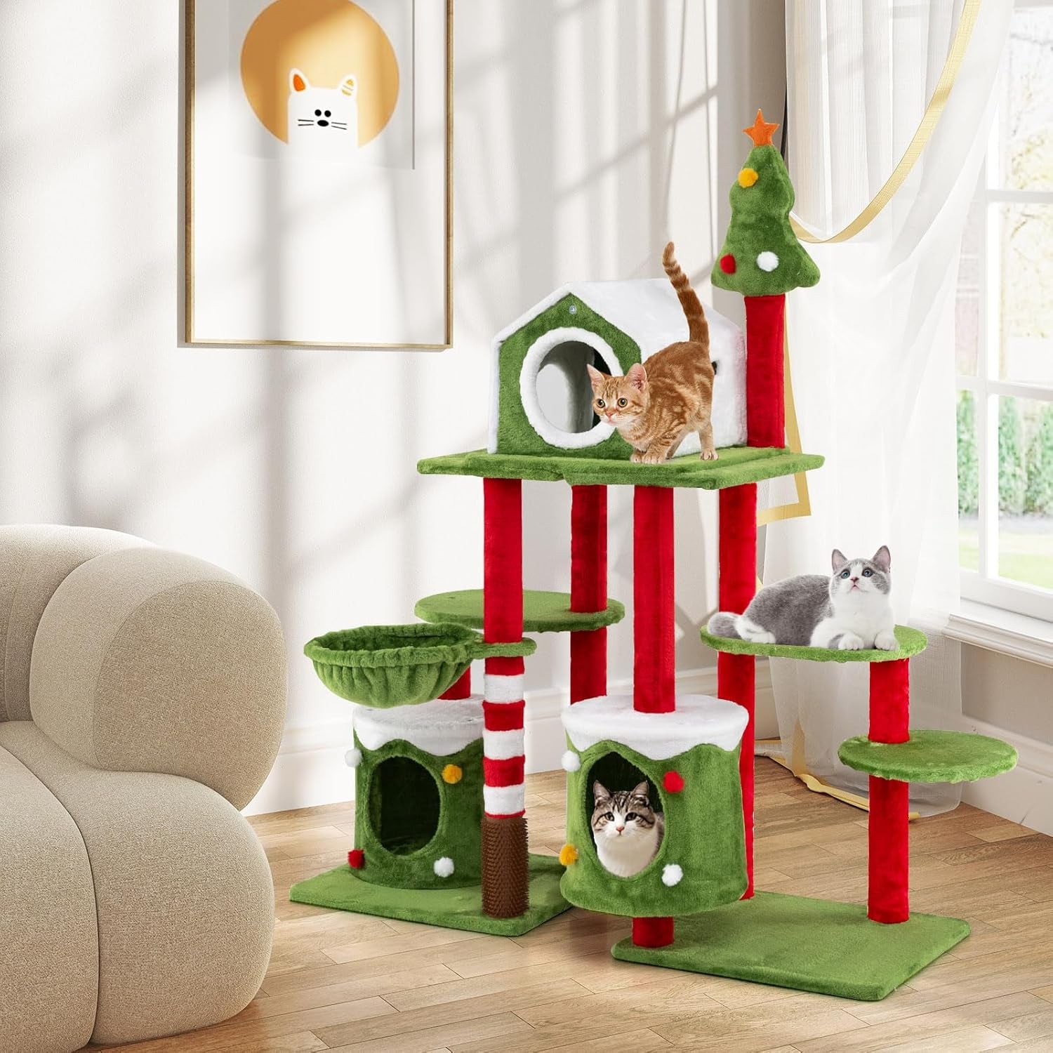 58 Inch Cat Christmas Tree, Multi-Level Cat Tower with 3 Cat Condos, Cat Self Groomer, Side Basket, Faux Christmas Tree, and Anti-Tipping Kit, Christmas-Themed Cat Tree for Indoor Cats