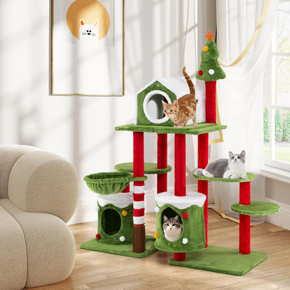 58 Inch Cat Christmas Tree, Multi-Level Cat Tower with 3 Cat Condos, Cat Self Groomer, Side Basket, Faux Christmas Tree, and Anti-Tipping Kit, Christmas-Themed Cat Tree for Indoor Cats
