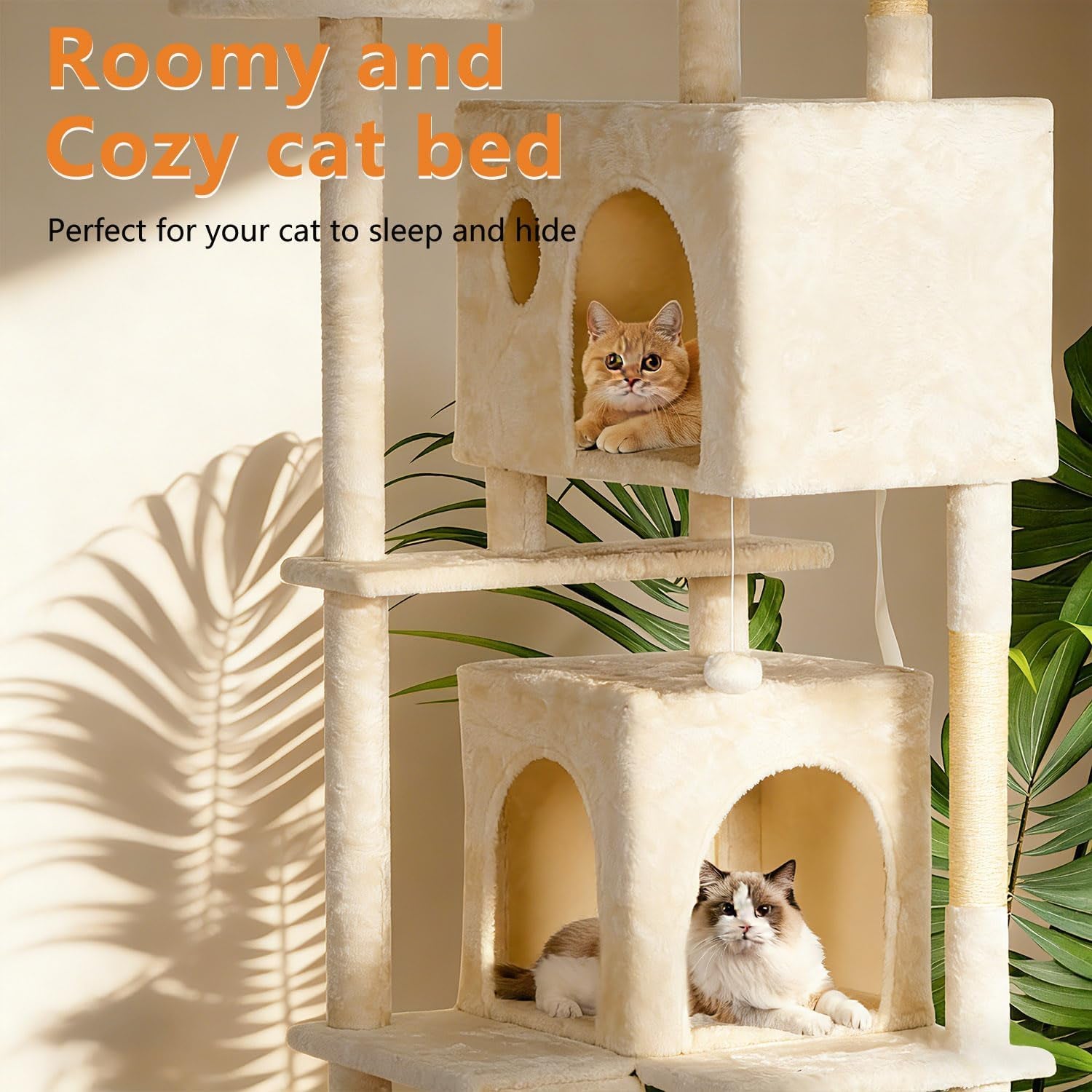 | 81" Cat Tree Tower | Cream | Sturdy, Easy to Assemble, Multi-Level Activity Center with Sisal Scratching Posts, Condos, Perches, Hanging Cat Toys, Observation Decks & Ladder