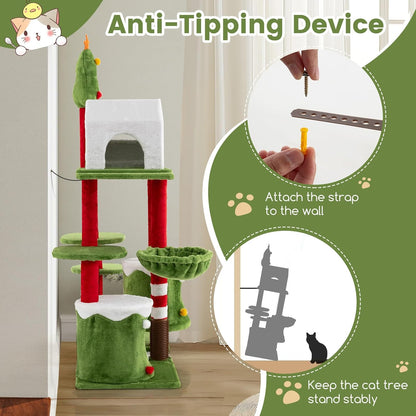 58 Inch Cat Christmas Tree, Multi-Level Cat Tower with 3 Cat Condos, Cat Self Groomer, Side Basket, Faux Christmas Tree, and Anti-Tipping Kit, Christmas-Themed Cat Tree for Indoor Cats