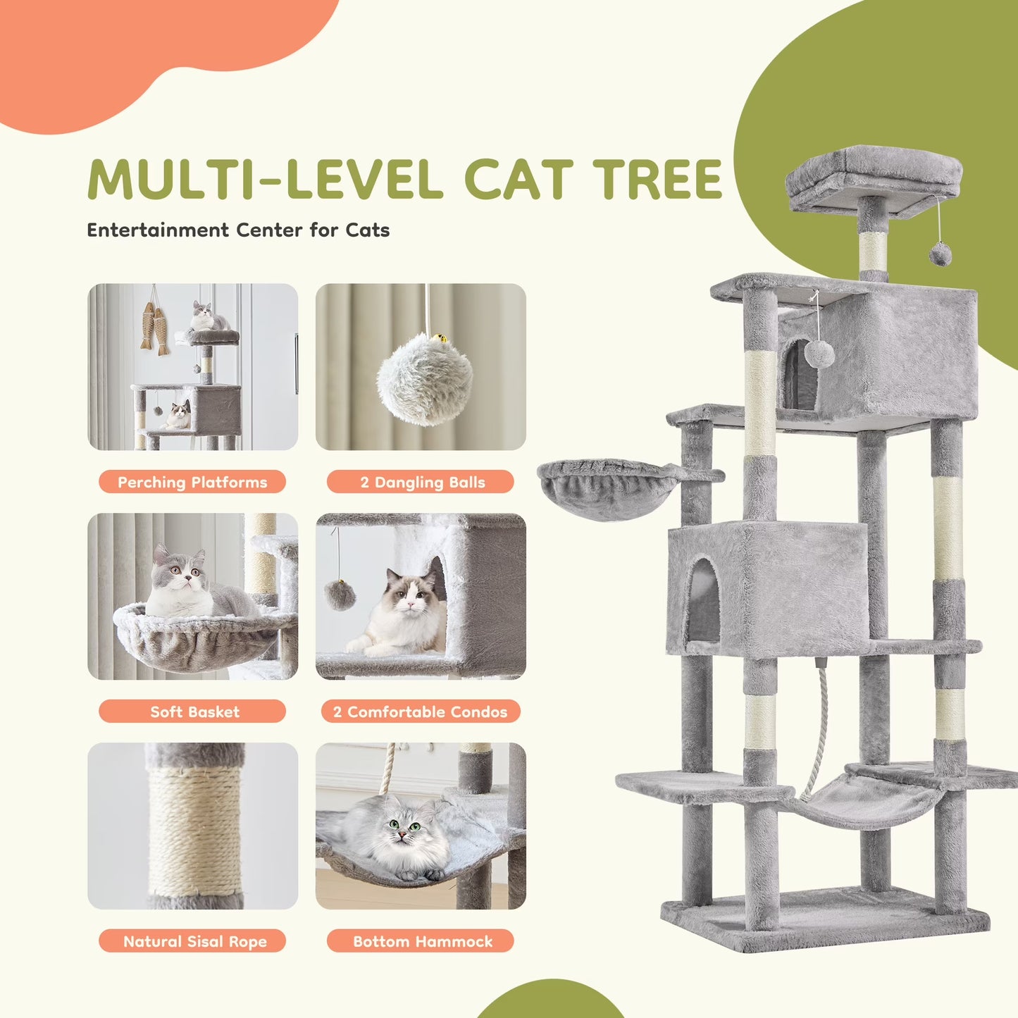 66" Cat Tree Multi Level Luxury Tower with Scratching Post, 2 Large Condo, Rest Hammock, Light Grey