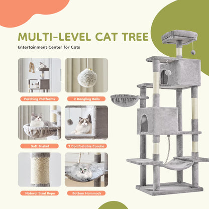 66" Cat Tree Multi Level Luxury Tower with Scratching Post, 2 Large Condo, Rest Hammock, Light Grey
