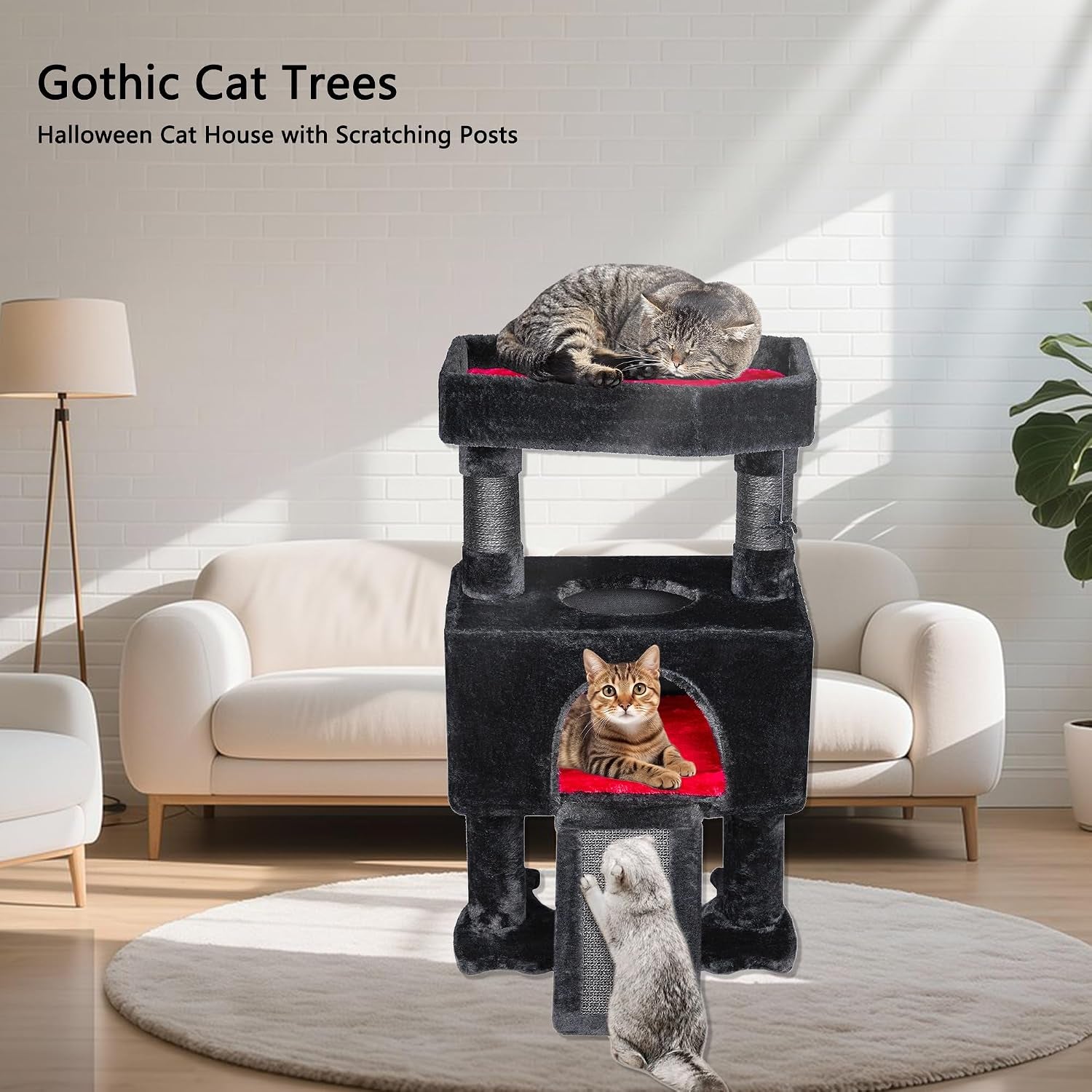Cat Tree Tower for Indoor Cats, Gothic Cat Trees with Coffin Bed | Goth Cat Tree/Condo/House with Scratching Posts, Cat Shelves with Spider Toy, Pet Play Activity Center Black with Red MMJ95R
