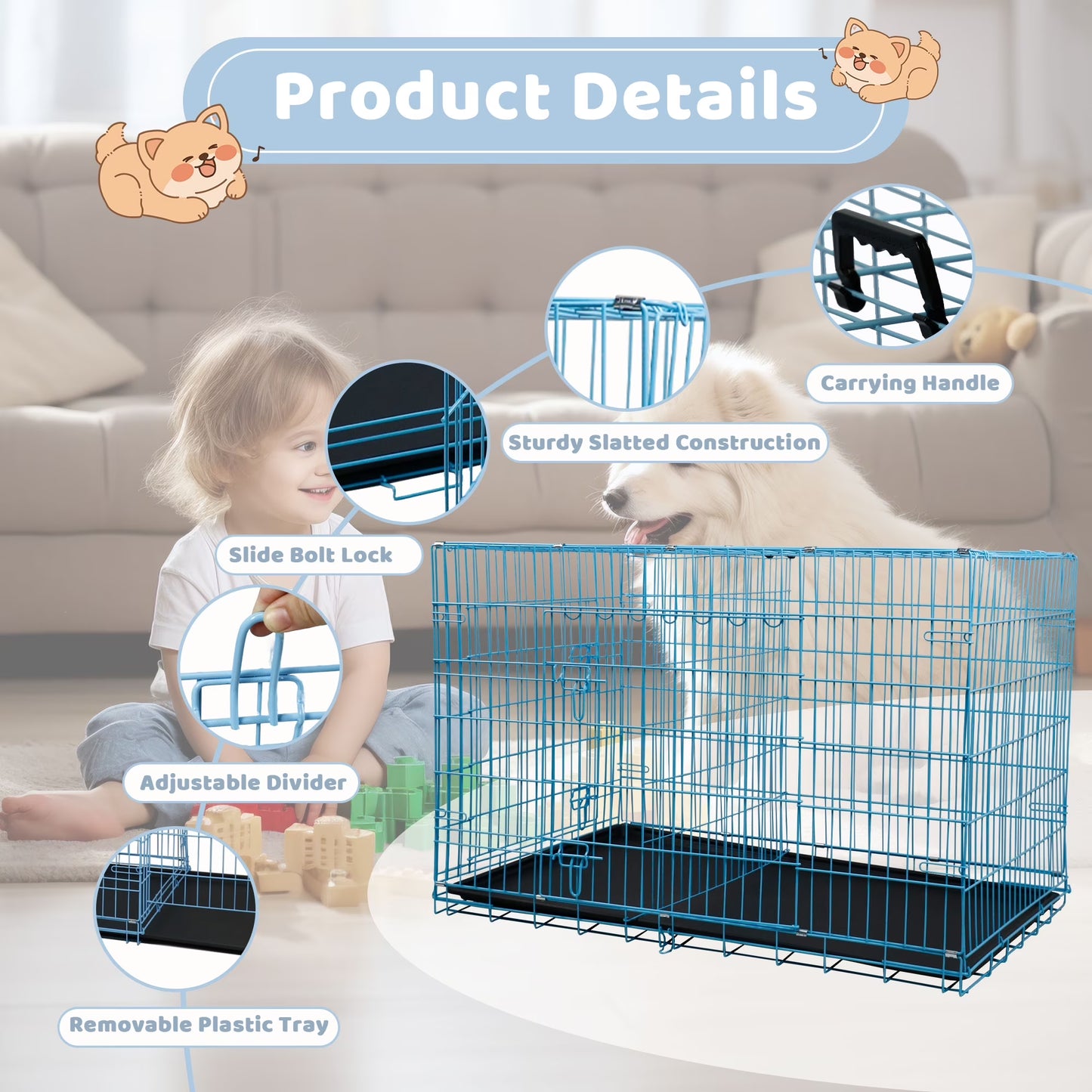 48 Inch Dog Crate, Dog Crates and Kennels Foldable Large Dog Crate for Large Dogs with Handle Double-Door Outdoor Metal Wire Dog Cage with Plastic Tray for Medium Dogs, Blue