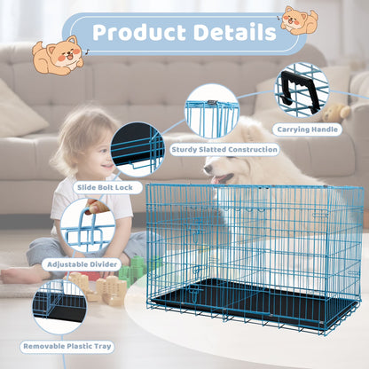 48 Inch Dog Crate, Dog Crates and Kennels Foldable Large Dog Crate for Large Dogs with Handle Double-Door Outdoor Metal Wire Dog Cage with Plastic Tray for Medium Dogs, Blue