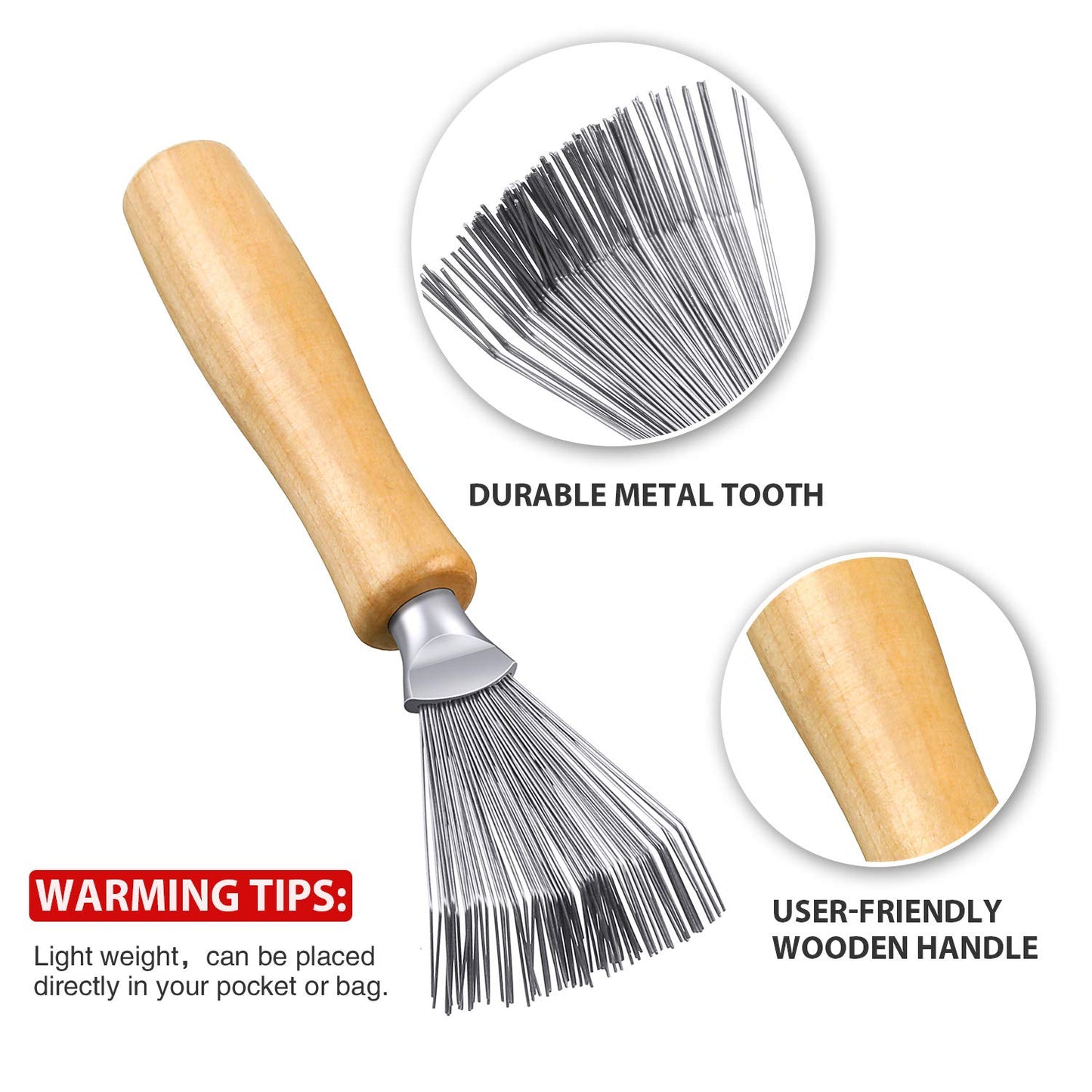 2 Pack Hair Brush Cleaning Tool,2-In-1 Comb Rake and Brush Cleaner for Removing Hair,Dust and Buildup,Mini Hairbrush Accessory for Home&Salon(Black, Wood Color,Polished Wooden Handle Rake)