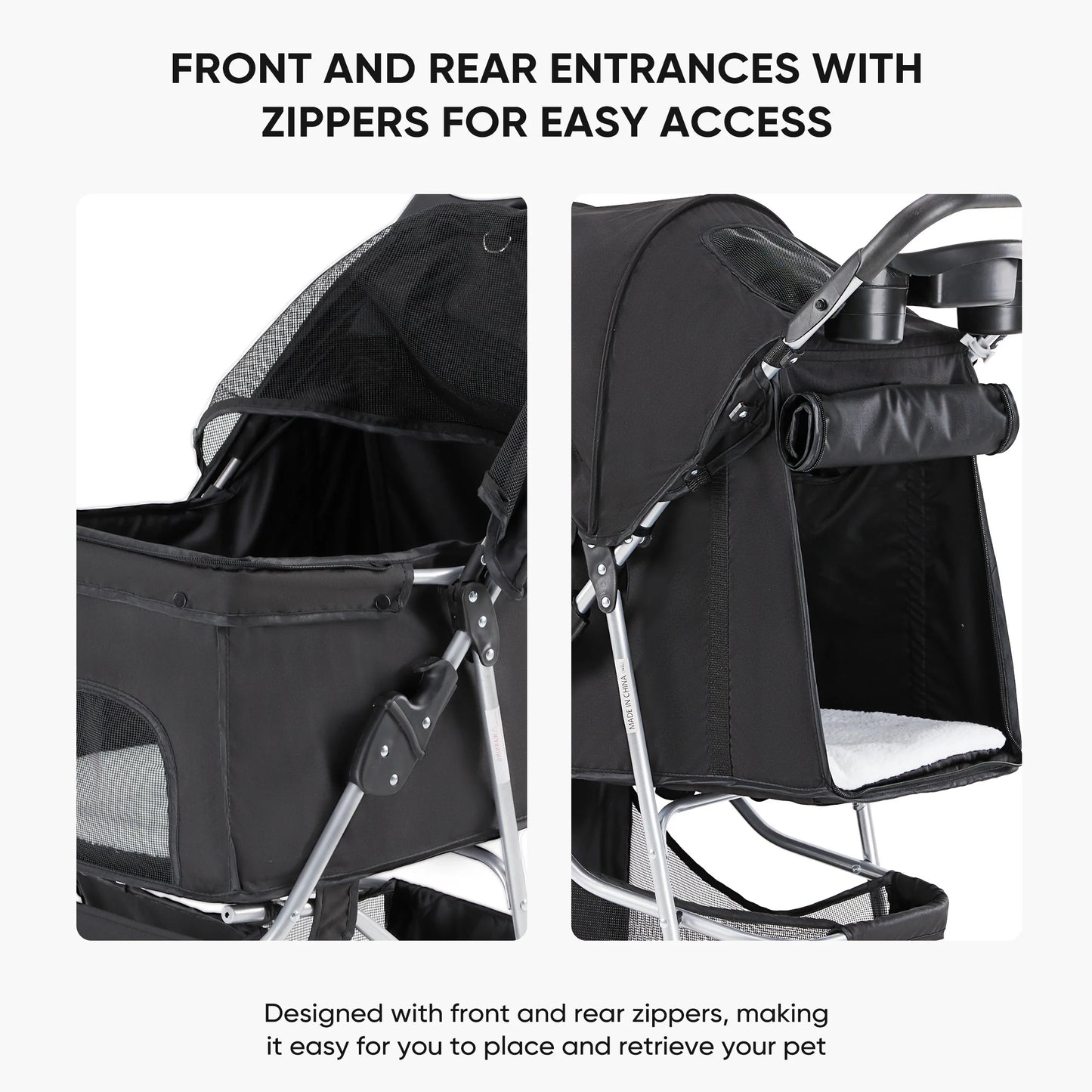 3 Wheels Pet Stroller, Dog and Cat Strollers, with Storage Basket and Cup Holder, Lightweight Travel Carrier, Breathable Mesh, Waterproof and Foldable for Small Pets Outdoor Walk, Black