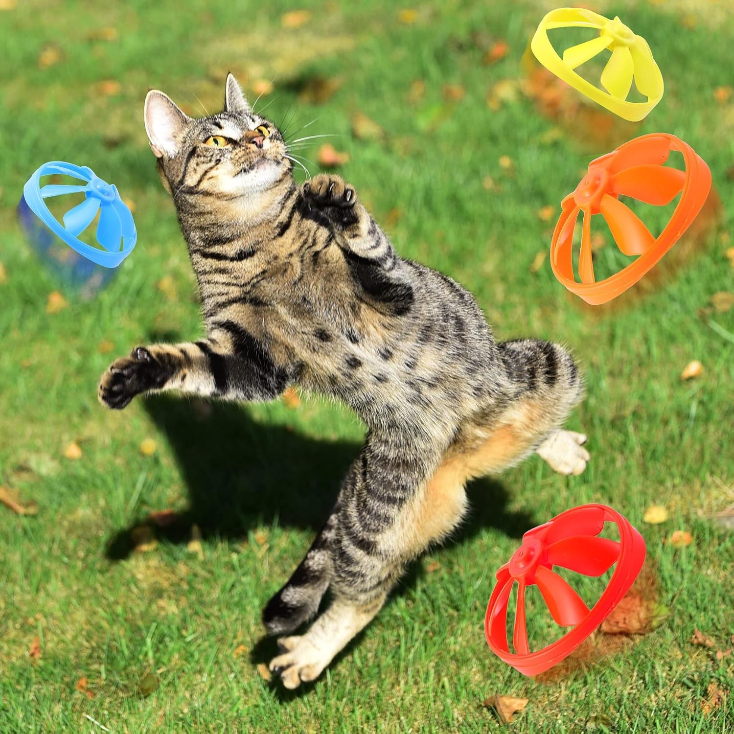 18 Pieces Interactive Cat Fetch Tracking Toys with 5 Colors Flying Propellers for Indoor Pet Kitty Training Chasing (Blue Cat Theme Design)