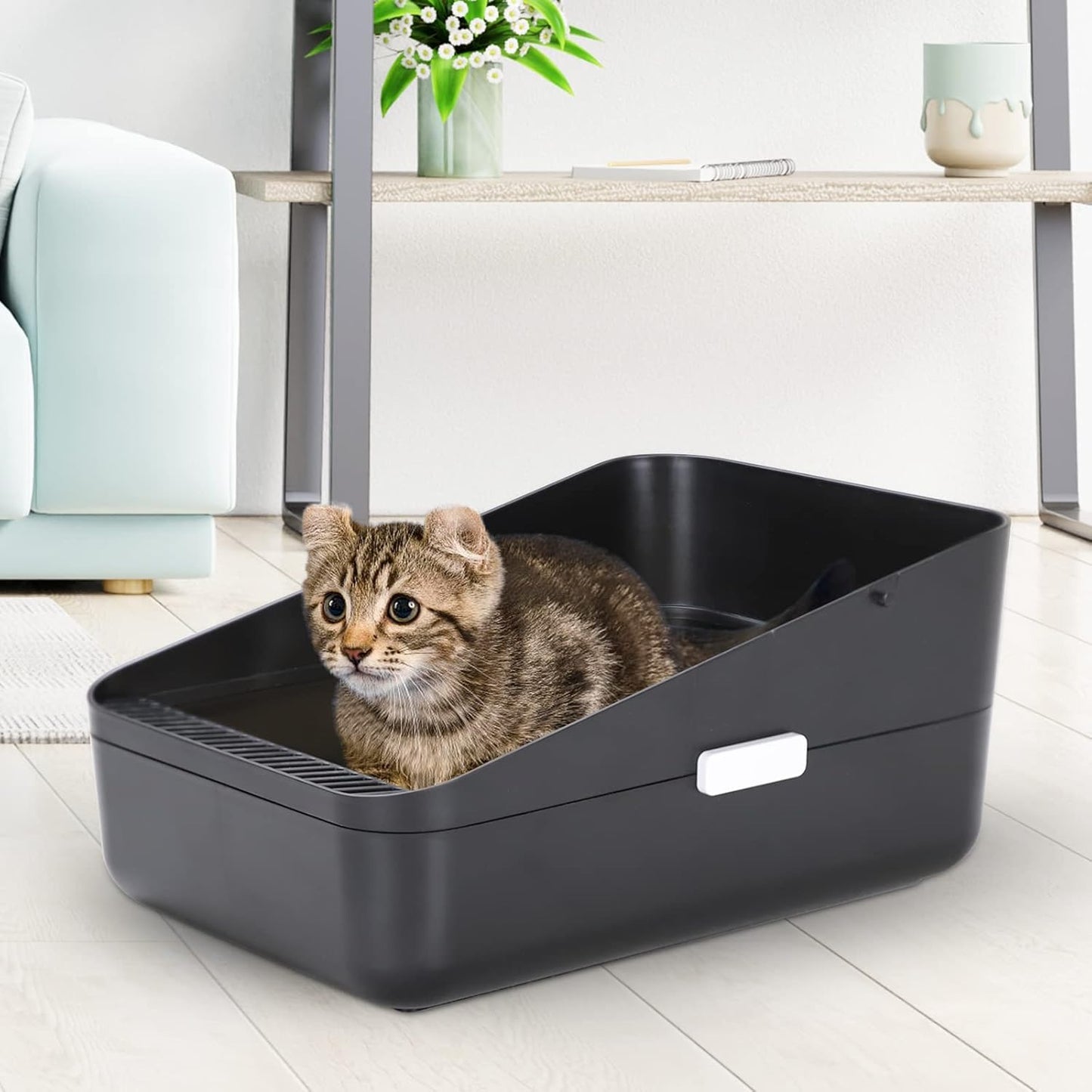 Small Cat Litter Box: Leak Resistant Removable Tray Modern Style | Cats under 8 Lbs/ anti Tracking Pedal / Easy Cleaning / Apartment Friendly/ Minimalist Black Look