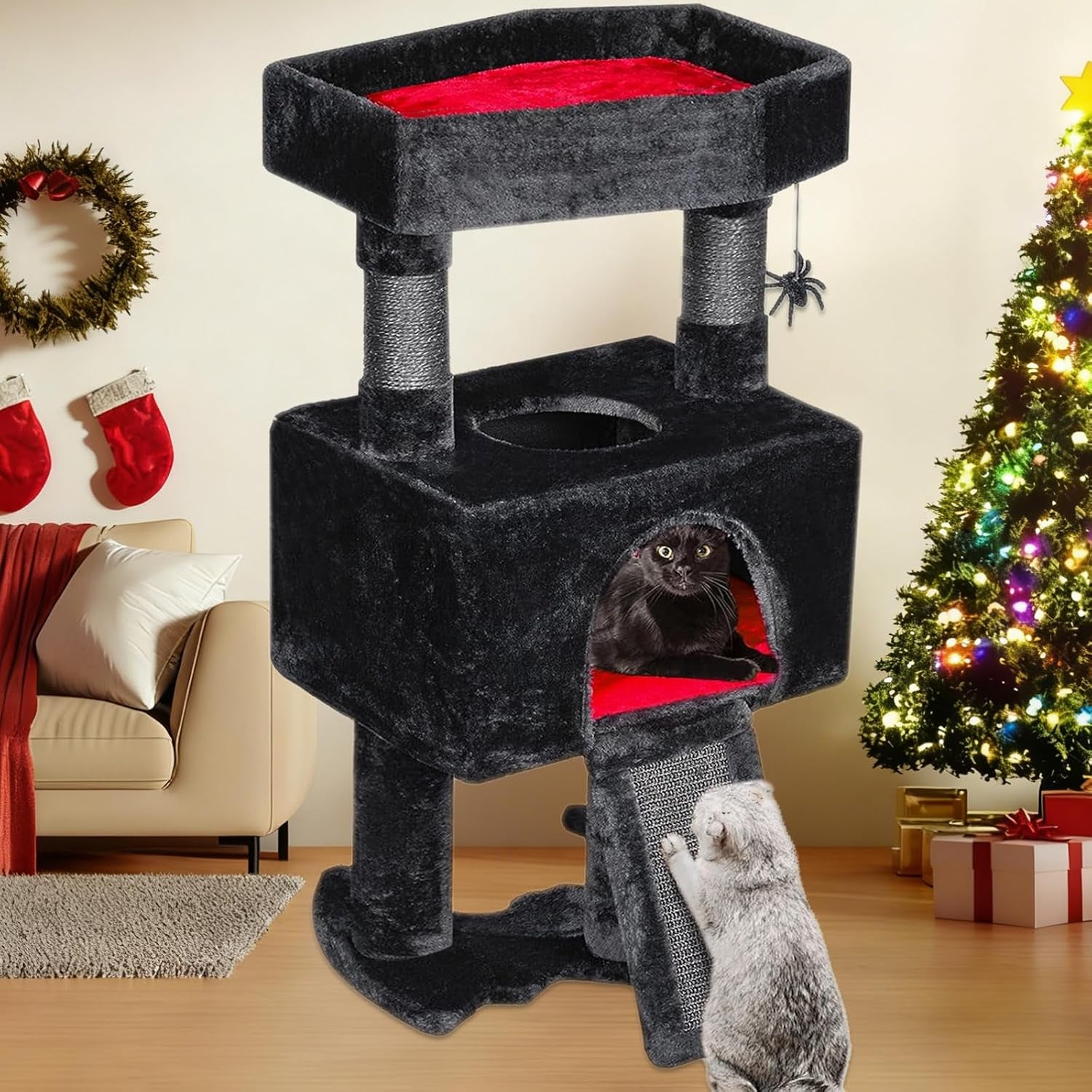Cat Tree Tower for Indoor Cats, Gothic Cat Trees with Coffin Bed | Goth Cat Tree/Condo/House with Scratching Posts, Cat Shelves with Spider Toy, Pet Play Activity Center Black with Red MMJ95R