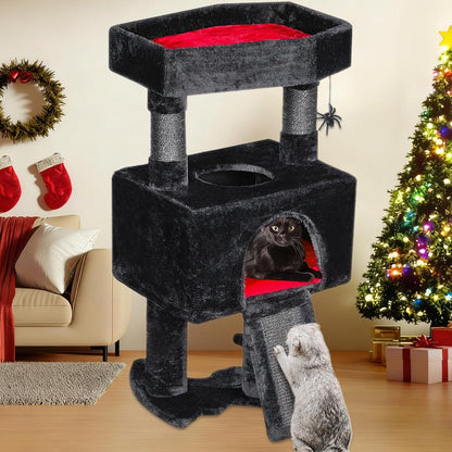 Cat Tree Tower for Indoor Cats, Gothic Cat Trees with Coffin Bed | Goth Cat Tree/Condo/House with Scratching Posts, Cat Shelves with Spider Toy, Pet Play Activity Center Black with Red MMJ95R