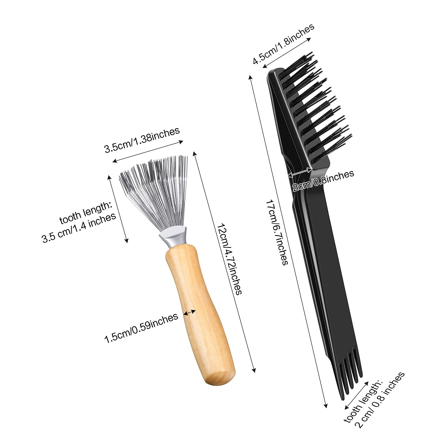 2 Pack Hair Brush Cleaning Tool,2-In-1 Comb Rake and Brush Cleaner for Removing Hair,Dust and Buildup,Mini Hairbrush Accessory for Home&Salon(Black, Wood Color,Polished Wooden Handle Rake)