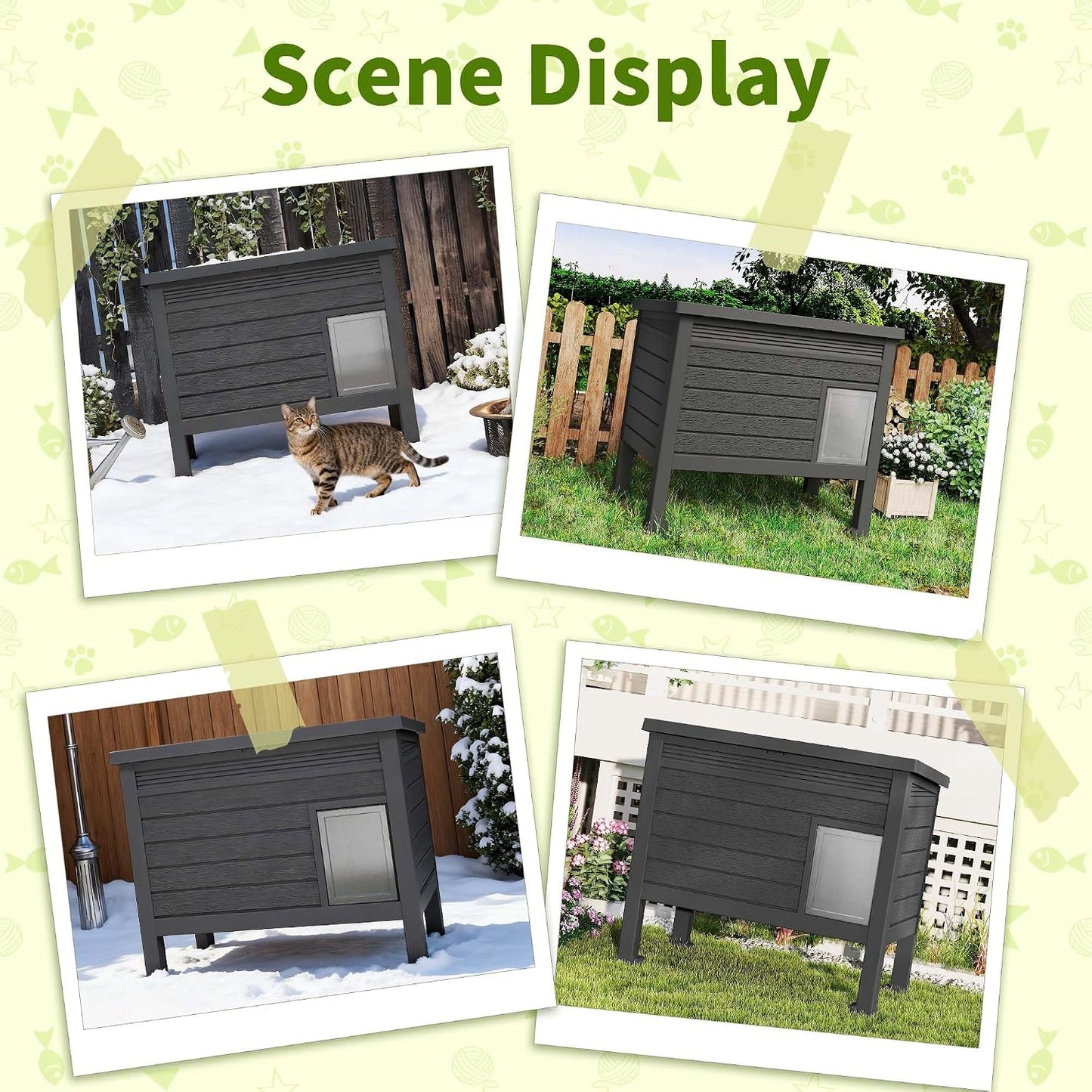 Outdoor Cat House Weatherproof, Resin PP Material with Wood Grain Design, Cat Houses for Outdoor Cats with Gas Strut Lid & Safety Latch, Raised Floor Cat Shelters for outside Indoor (Black)