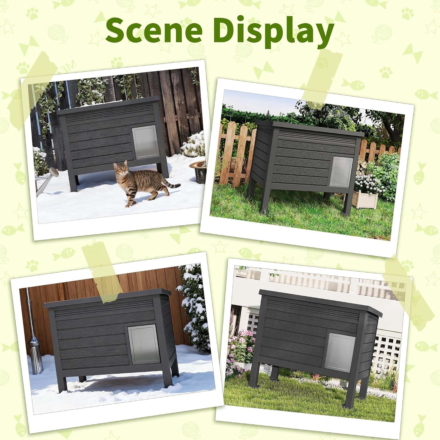 Outdoor Cat House Weatherproof, Resin PP Material with Wood Grain Design, Cat Houses for Outdoor Cats with Gas Strut Lid & Safety Latch, Raised Floor Cat Shelters for outside Indoor (Black)