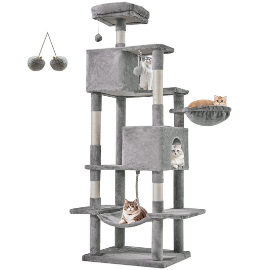 66" Cat Tree Multi Level Luxury Tower with Scratching Post, 2 Large Condo, Rest Hammock, Light Grey