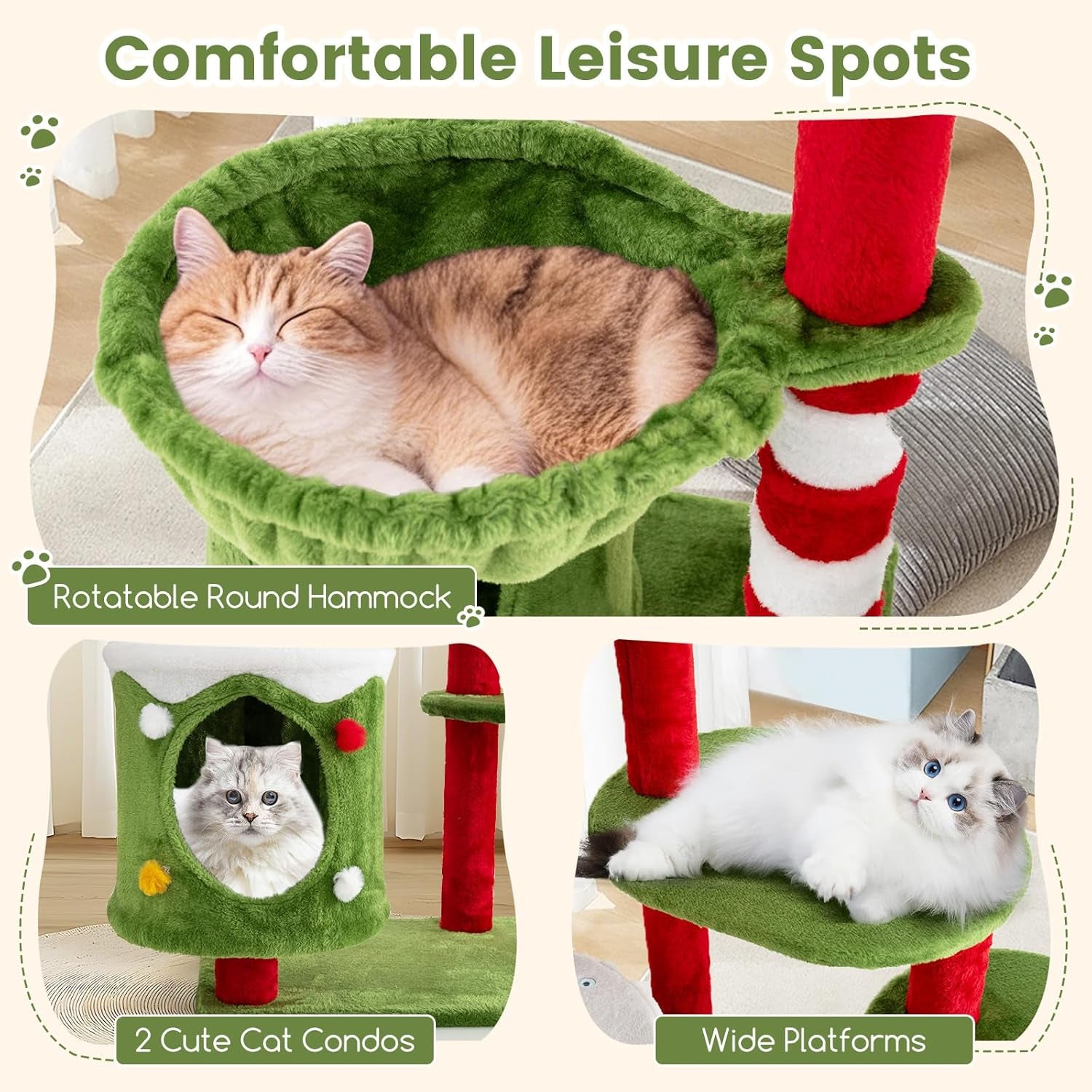58 Inch Cat Christmas Tree, Multi-Level Cat Tower with 3 Cat Condos, Cat Self Groomer, Side Basket, Faux Christmas Tree, and Anti-Tipping Kit, Christmas-Themed Cat Tree for Indoor Cats