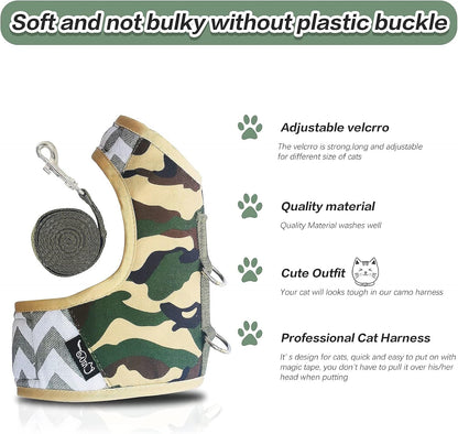 Cat Harness and Leash Set, Camo Green, X-Small | Escape Proof, Vest Style, Adjustable, Soft, Lightweight, Bulk-Free
