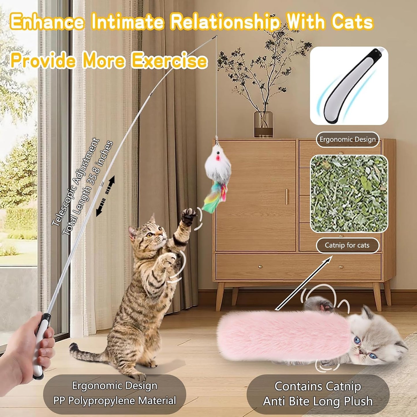 Suction Cup Cat Toy for Indoor Cats | 4-In-1 Interactive Cat Feather Toys, Fishing Pole, Suction Cup, Door Hanging Cat Toy