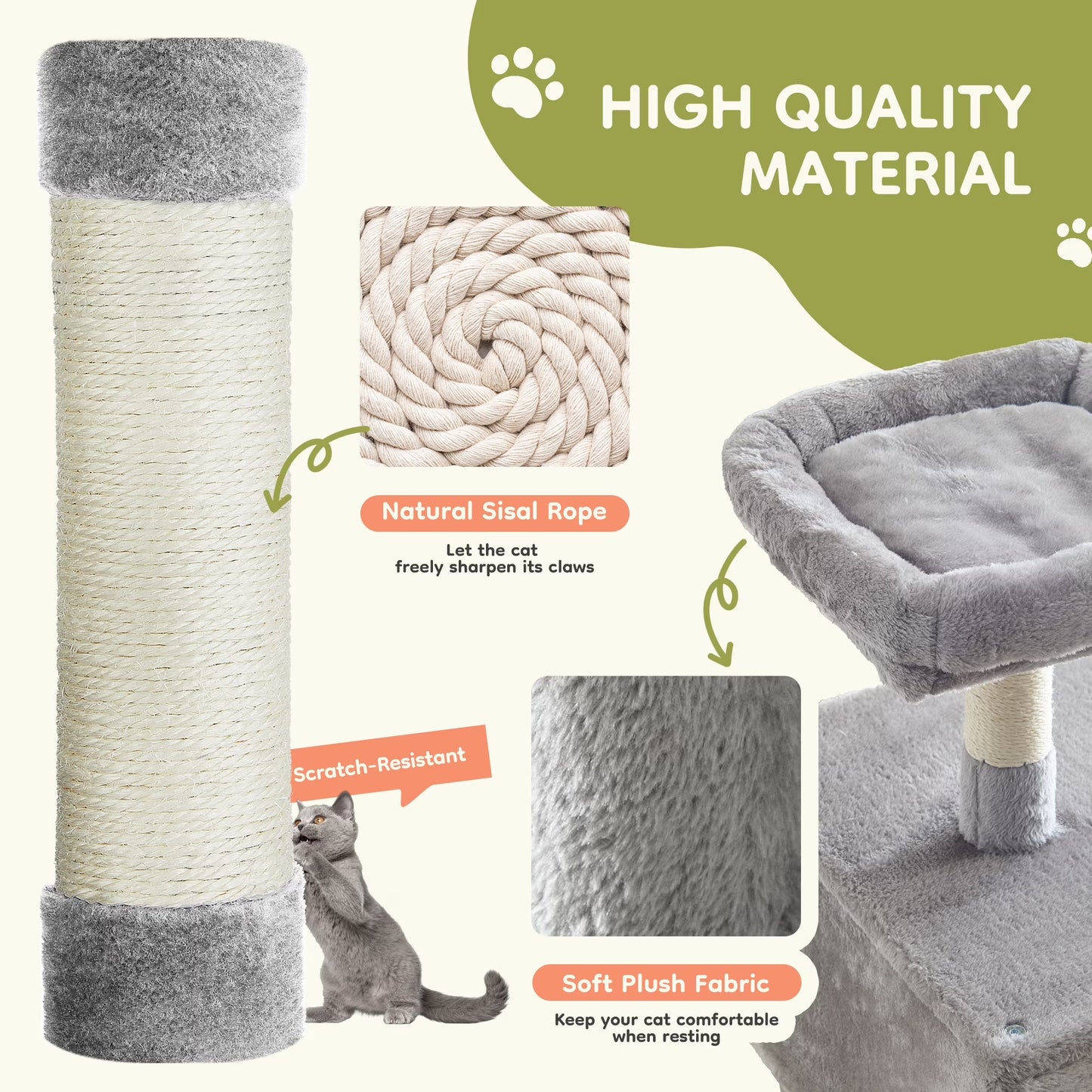 66" Cat Tree Multi Level Luxury Tower with Scratching Post, 2 Large Condo, Rest Hammock, Light Grey