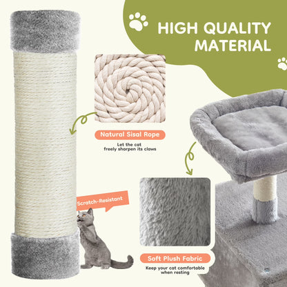 66" Cat Tree Multi Level Luxury Tower with Scratching Post, 2 Large Condo, Rest Hammock, Light Grey