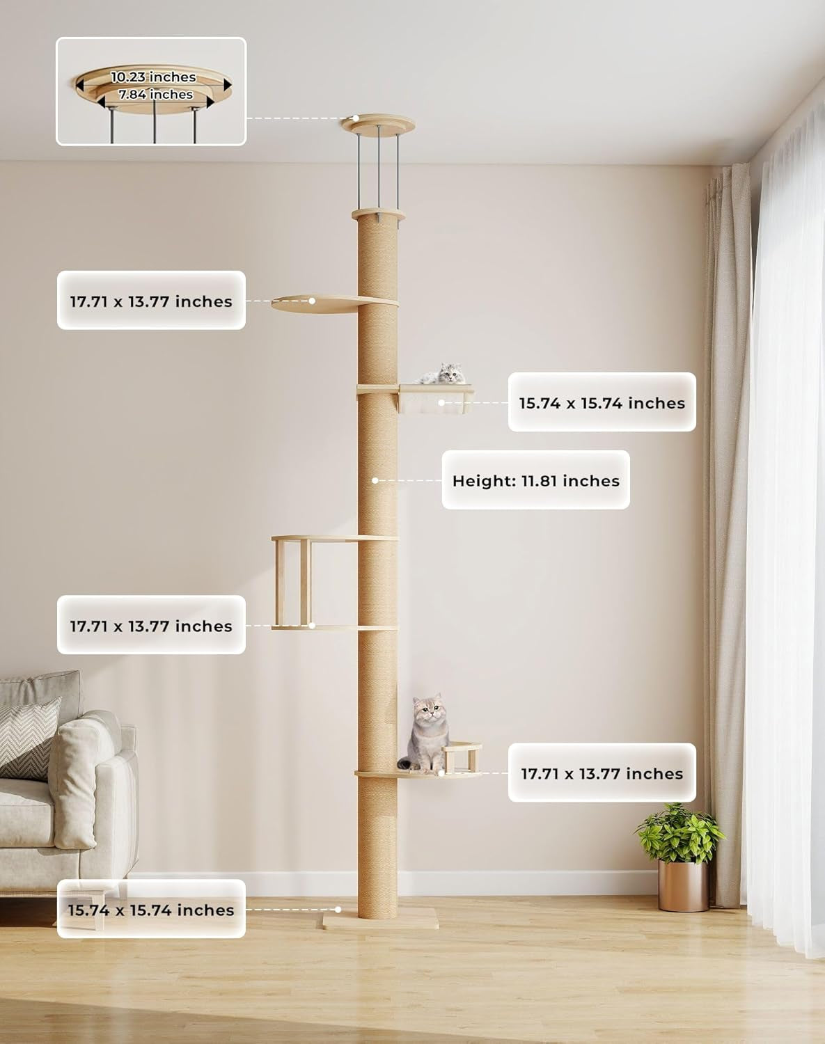 Floor-To-Ceiling Cat Tree, Tension Mount Tower W/Sisal Posts | Sturdy Space-Saving Vertical Cat Tower, Multi-Level Perches for Large Cats, Fits Small Apartments & Multi-Cat Homes