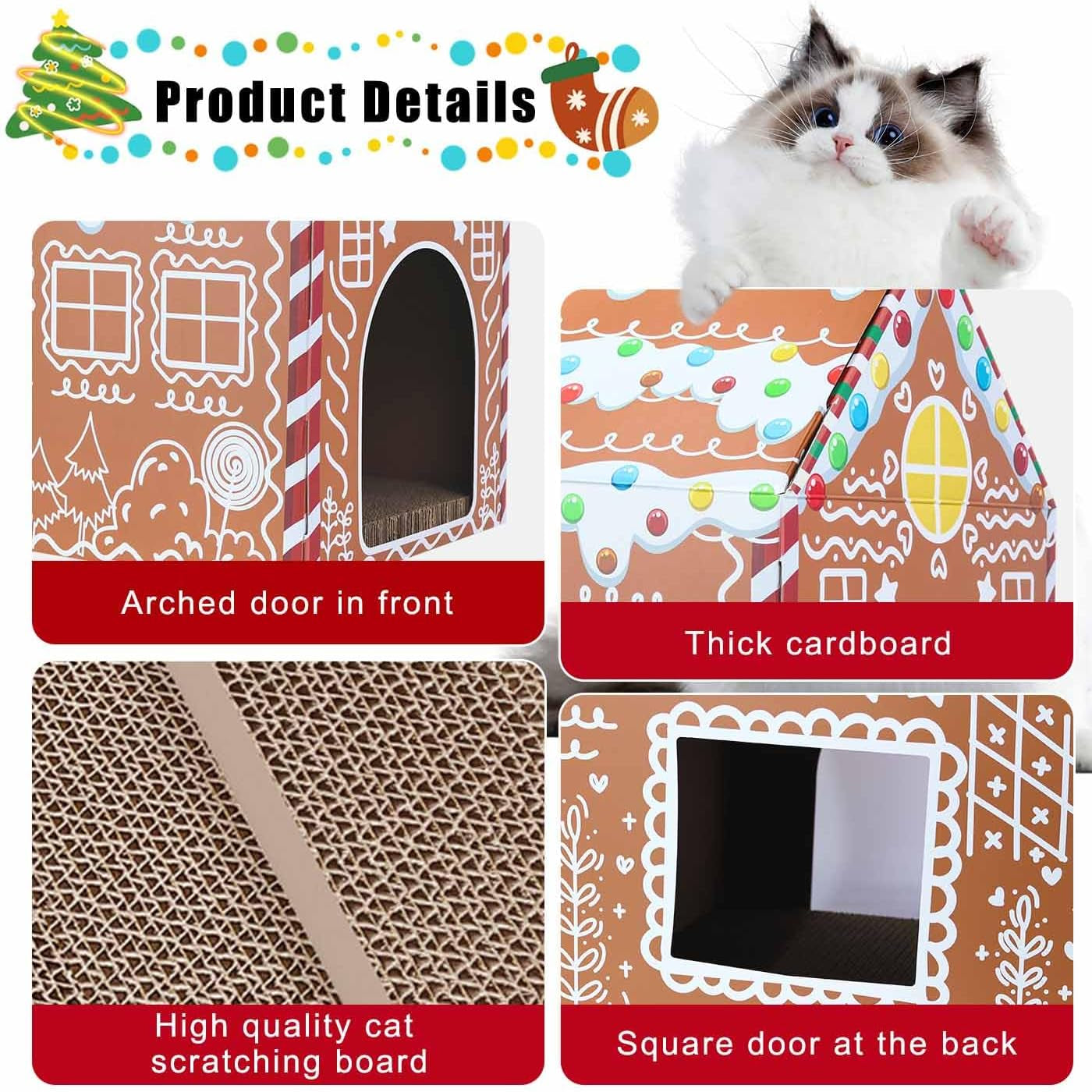 Christmas Gingerbread Cat House 16.5"X 13"X19" Christmas Cardboard Cat Scratcher House with Scratching Pad for Indoor Cats Kittens Large Cat Playhouse