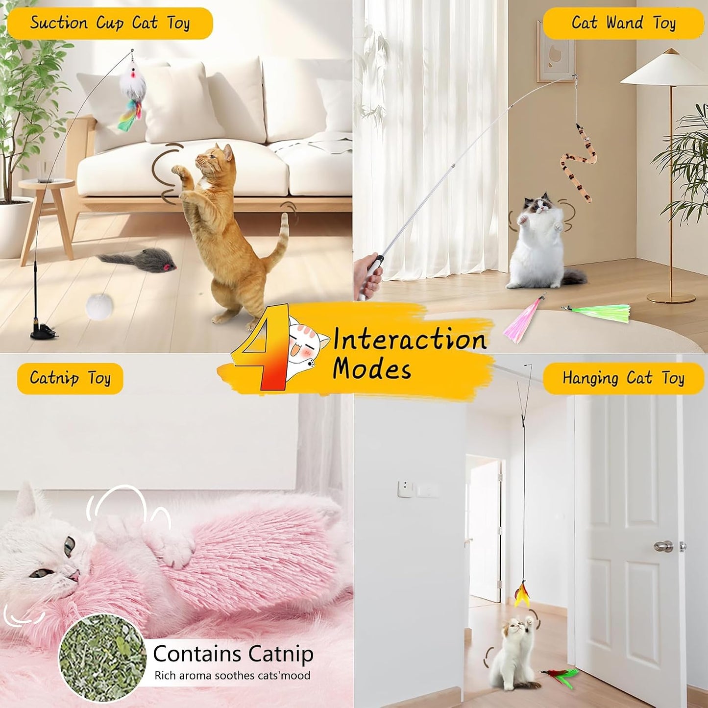 Suction Cup Cat Toy for Indoor Cats | 4-In-1 Interactive Cat Feather Toys, Fishing Pole, Suction Cup, Door Hanging Cat Toy