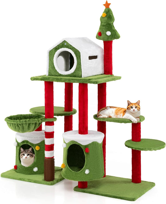 58 Inch Cat Christmas Tree, Multi-Level Cat Tower with 3 Cat Condos, Cat Self Groomer, Side Basket, Faux Christmas Tree, and Anti-Tipping Kit, Christmas-Themed Cat Tree for Indoor Cats