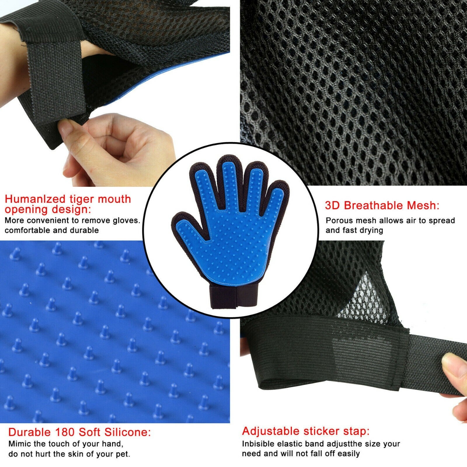 1 Pair Pet Dog Cat Hair Remover Mitt Massage Brush Deshedding Grooming Gloves