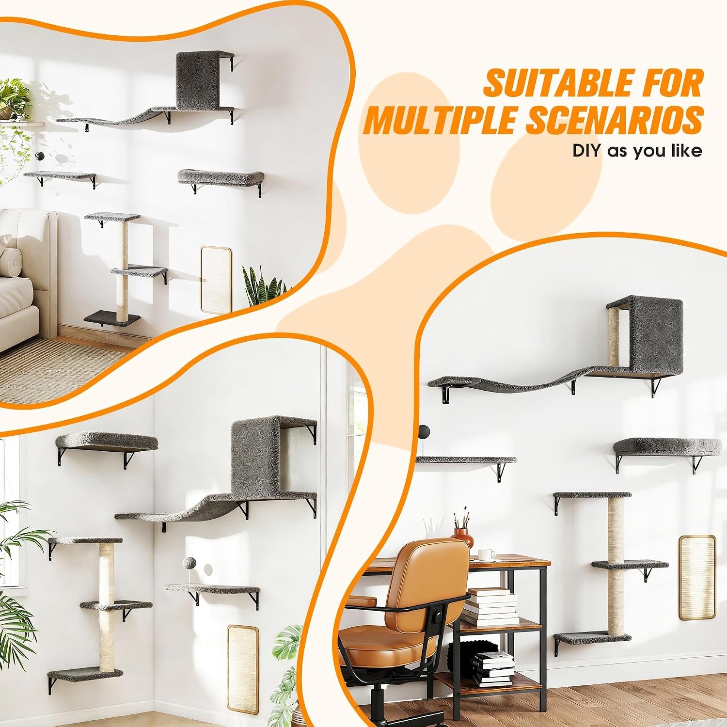 5-Piece Cat Tree Set with Wall Mounted Cat Shelves, Cat Scratching Post & Cat Wall Furniture, Multi-Functional Indoor Cat Jungle Gym, Essential for Cat Room, Suitable for Large Cats(Grey)