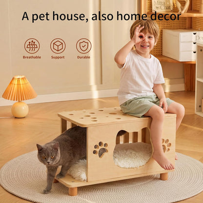 4-In-1 Wooden Cat House, Breathable Cat Cave with Washable Cushion Cat Beds for Indoor Cats