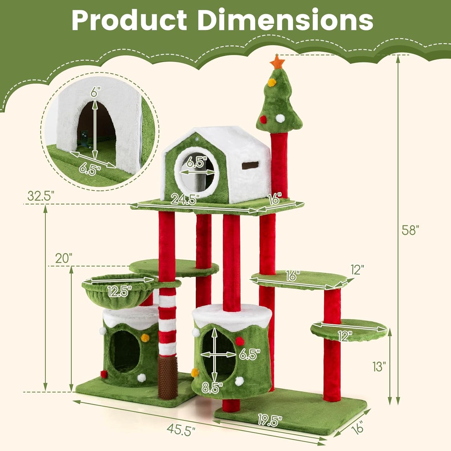 58 Inch Cat Christmas Tree, Multi-Level Cat Tower with 3 Cat Condos, Cat Self Groomer, Side Basket, Faux Christmas Tree, and Anti-Tipping Kit, Christmas-Themed Cat Tree for Indoor Cats