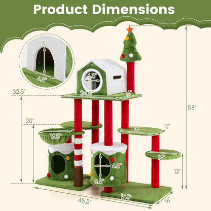 58 Inch Cat Christmas Tree, Multi-Level Cat Tower with 3 Cat Condos, Cat Self Groomer, Side Basket, Faux Christmas Tree, and Anti-Tipping Kit, Christmas-Themed Cat Tree for Indoor Cats